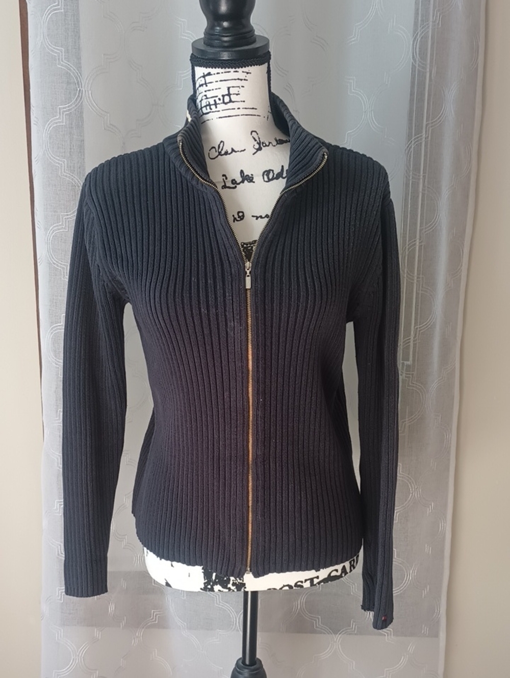 Tommy Hilfiger Navy Blue Ribbed Zip Cardigan with Gold-Tone Zipper